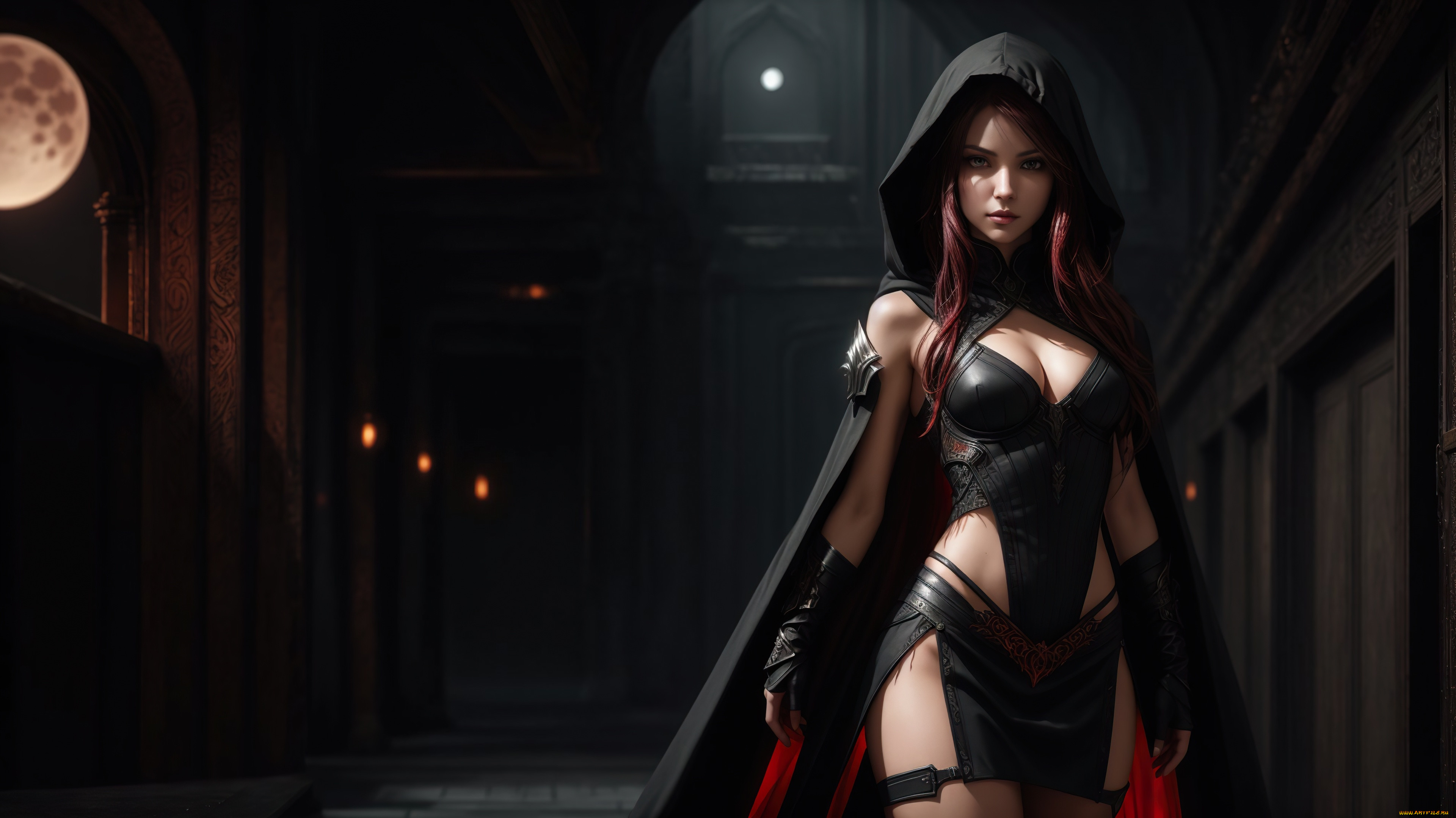 , 3 ,  , people, girl, fantasy, red, hair, art, digital, hood, stand